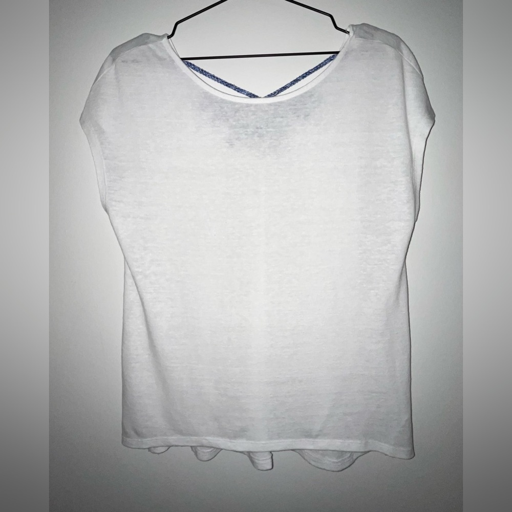 GAP Linen Blend White Short Sleeve Shirt Women’s Casual Blouse Blue Rope Back